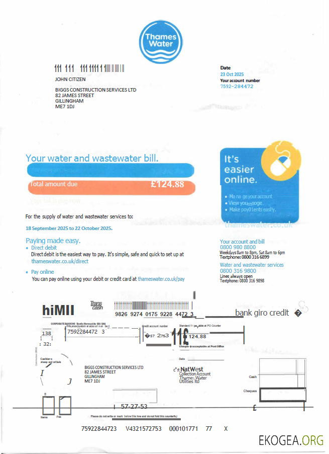 United Kingdom Thames Water utility bill template in Word and PDF formats, version 2